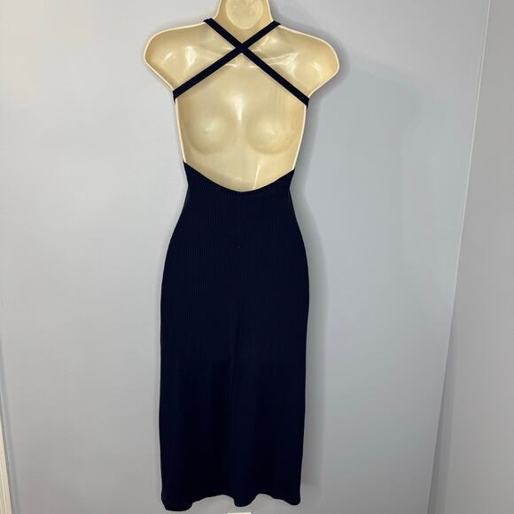Reformation Navy Blue Ribbed Knit Square Neck Crisscross Open Back Midi Dress XS - Picture 7 of 11